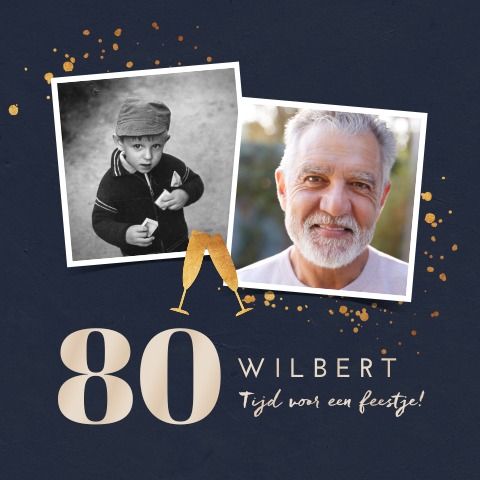 Uitnodiging verjaardag man 80 jaar met foto's en confetti