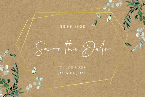 Save the date kaart met goudfolie op kraftlook