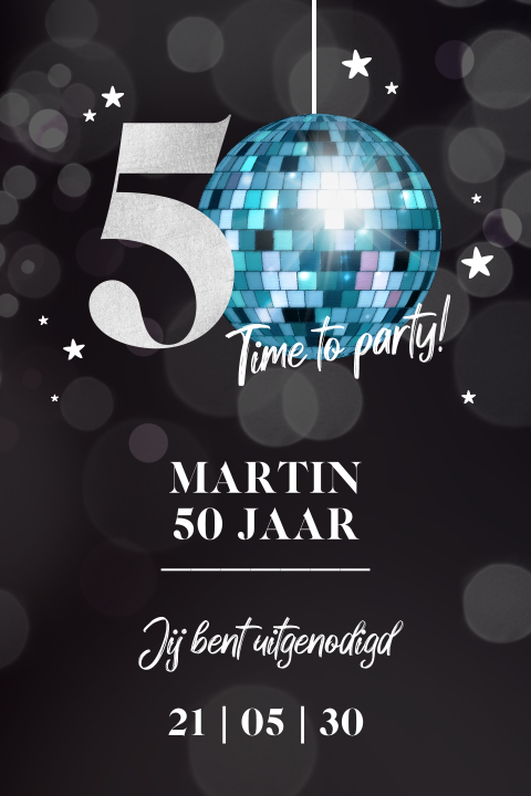 Uitnodiging verjaardagsfeest 50 jaar met blauwe discobal