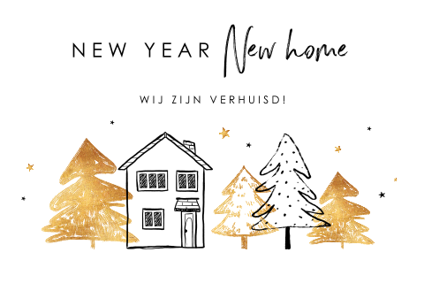Vrolijk kerst verhuiskaartje met kerstbomen