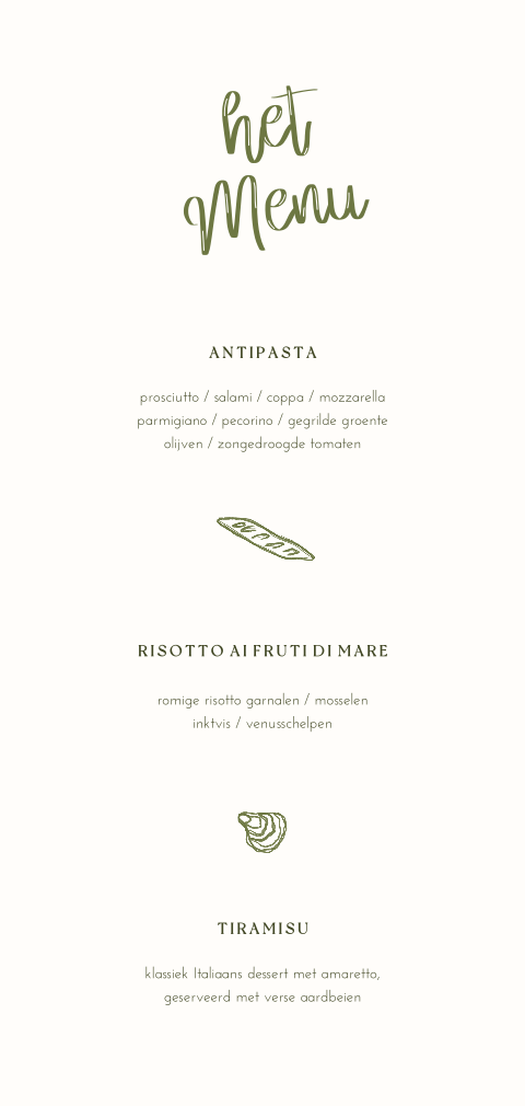 Menukaart bruiloft groen gestreept met illustraties