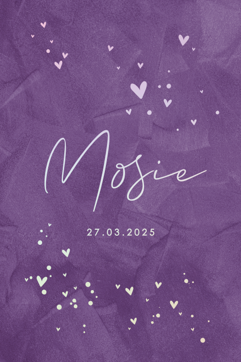 Velvet look geboortekaartje voor meisje met holografische hartjes