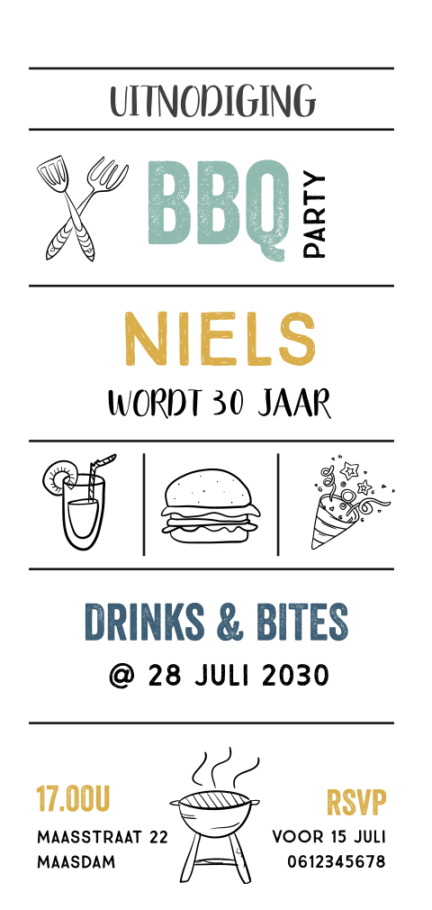 Uitnodiging 30e verjaardag tuinfeest met bbq