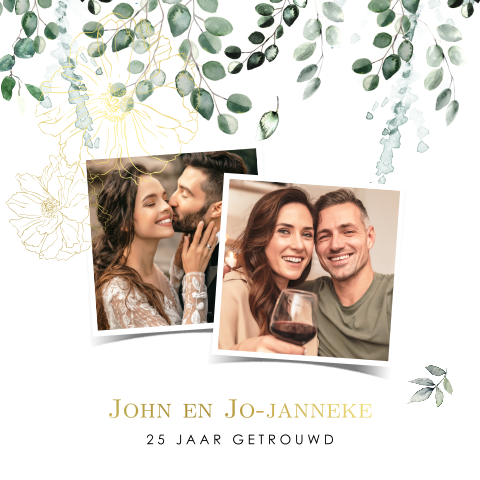 Uitnodiging huwelijksjubileum met foto's, goudfolie en eucalyptus