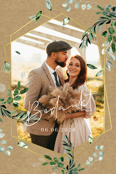 Bedankkaart bruiloft botanisch met foto op kraft-look