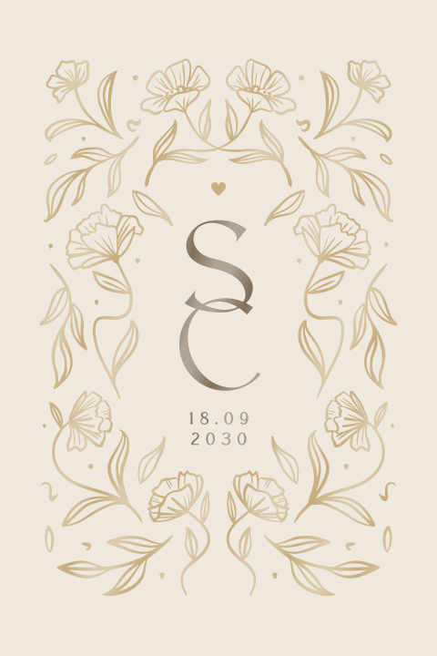 Trouwkaart elegant in beige met bloemen en hoogglans
