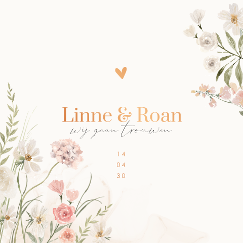 Romantische trouwkaart met watercolour bloemen en koperfolie
