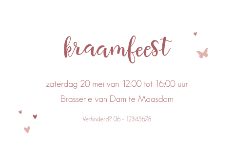 Lief kraamborrelkaartje met vlinder en hartjes