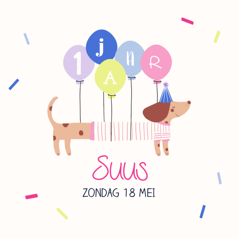 Uitnodiging kinderverjaardag met teckel en ballonnen
