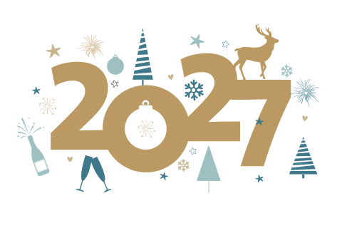 Speelse kerstkaart met jaartal en kerst icoontjes