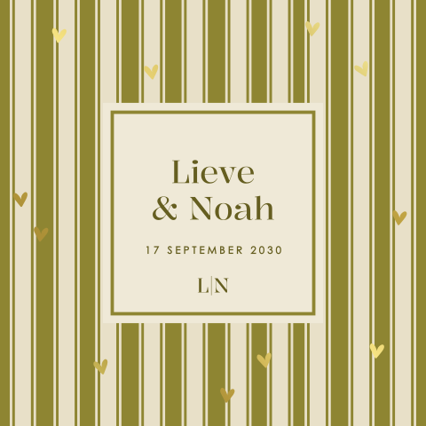 Trouwkaart met groene strepen en goudfolie hartjes