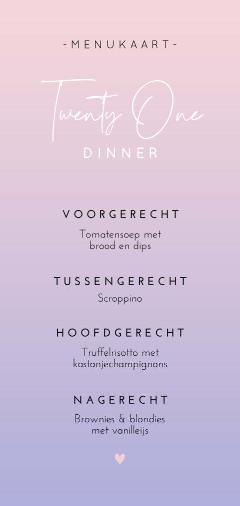 Originele menukaart verjaardag 21 jaar