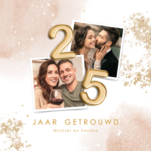 Chique uitnodiging 25 jaar met watercolour en goudconfetti