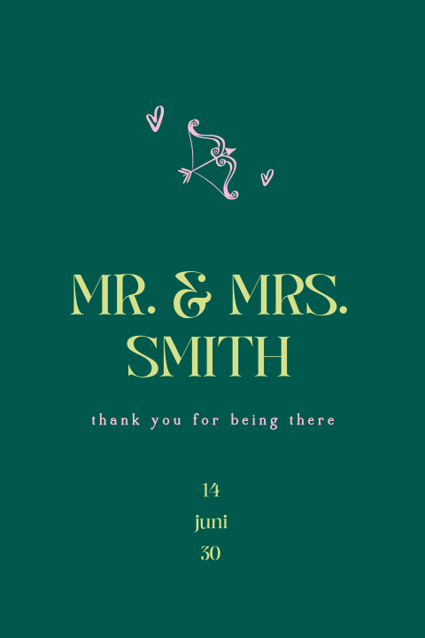 Bedankkaart bruiloft in donkergroen met roze