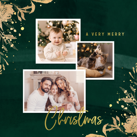 Kerstkaart met drie foto's op donkergroen