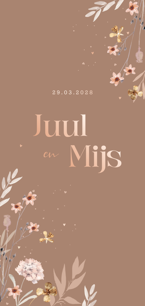 Tweeling geboortekaartje met bloemen en roségoudfolie