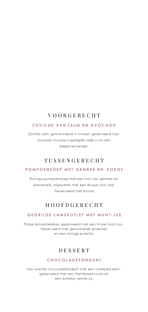 Menukaart met oudroze tekst en optioneel bijpassende naamkaartjes