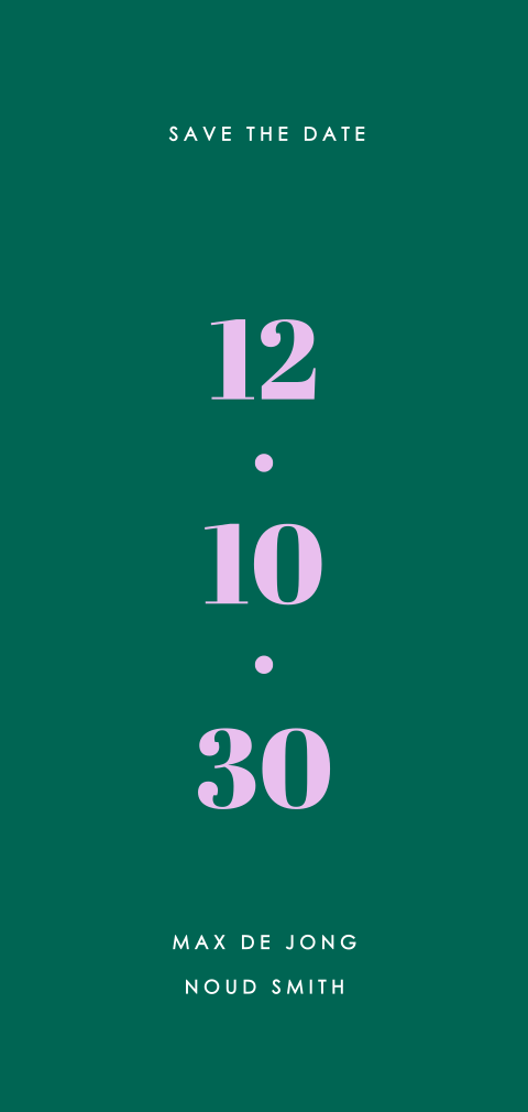 Save the Date kaartje met colourblocking donkergroen en lila