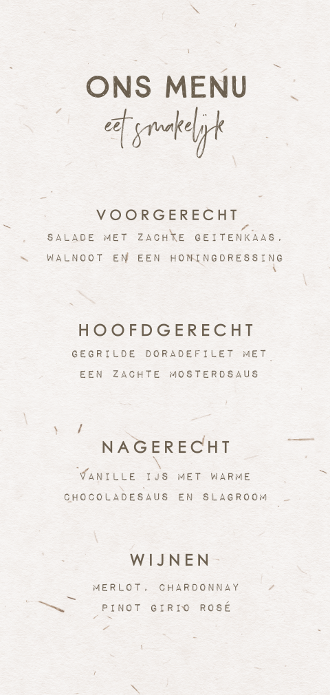 Menukaart bruiloft vintage in neutrale kleuren