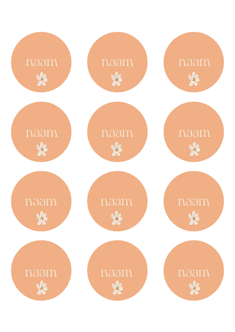 Ronde naamkaartjes bruiloft in peachkleur met bloemetje