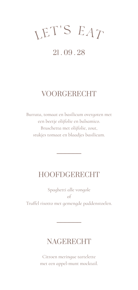 Menukaart bruiloft minimalistisch langwerpig