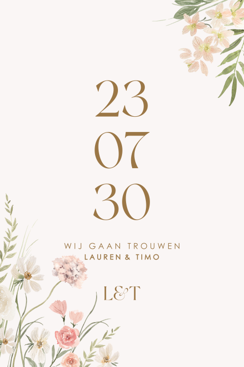 Romantische trouwkaart met bloemen en optioneel echt houten hartje