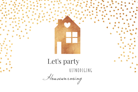 Housewarming uitnodiging met gouden huisje en hartjes