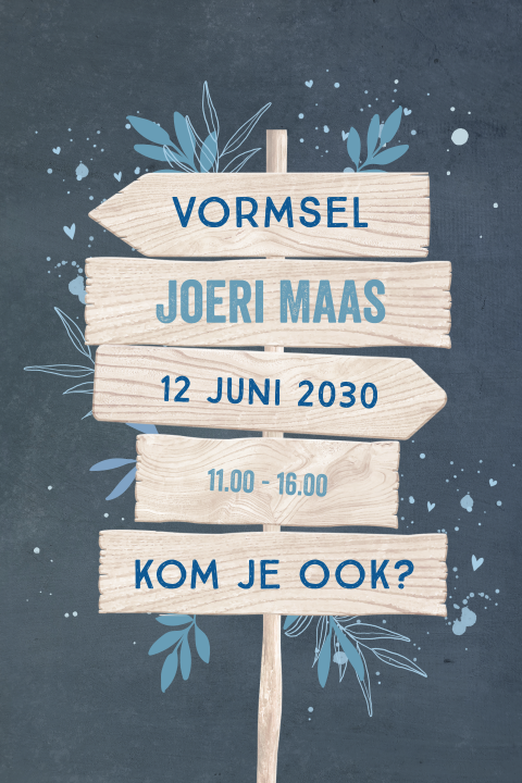 Stoere uitnodiging vormsel blauw met wegwijzer