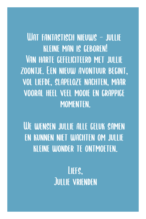 Baby felicitatiekaart in helderblauw met persoonlijke tekst