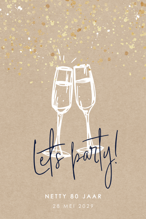 Verjaardag uitnodiging 80 jaar met champagne en gouden confetti
