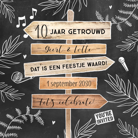 Jubileumkaart 10 jaar samen met wegwijzer