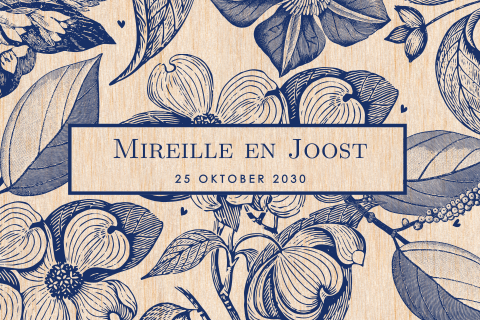 Klassieke trouwkaart met Delfts blauwe bloemen