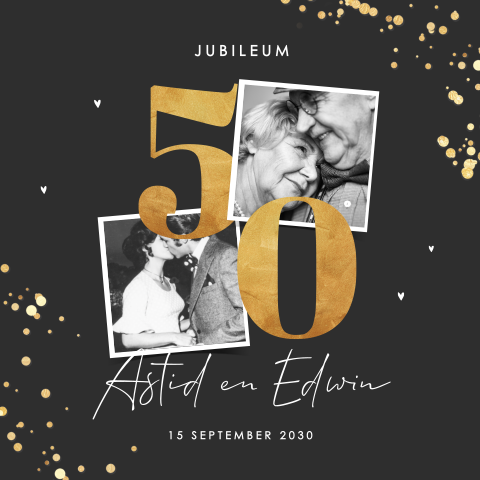 Jubileumkaart 50 jaar getrouwd in zwart en goud met foto's