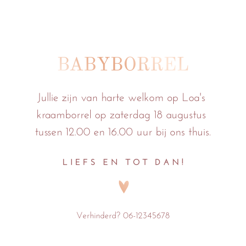 Klein babyborrelkaartje met roséfolie