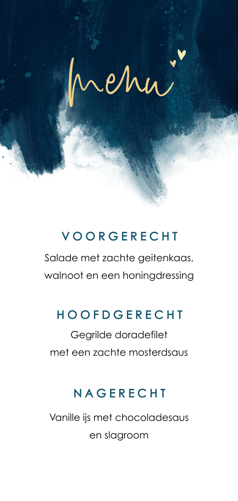 Menukaart met donkerblauwe verfstrepen