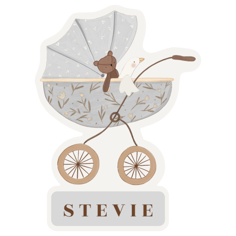 Raamsticker geboorte jongen met klassieke kinderwagen