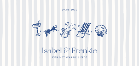 Trouwkaart in blauw met strepen en zomerse illustraties