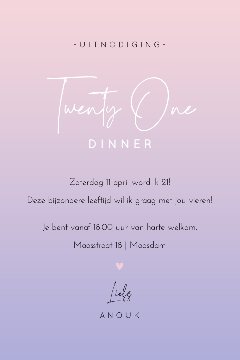 Uitnodiging verjaardag 21 jaar stijlvol met verloop