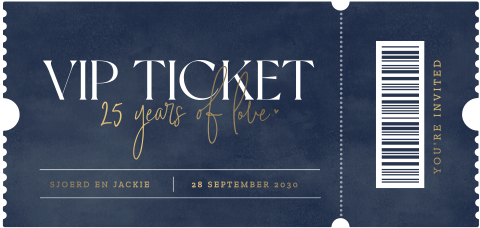 Ticketuitnodiging 25-jarig huwelijk in blauw met mat goudfolie