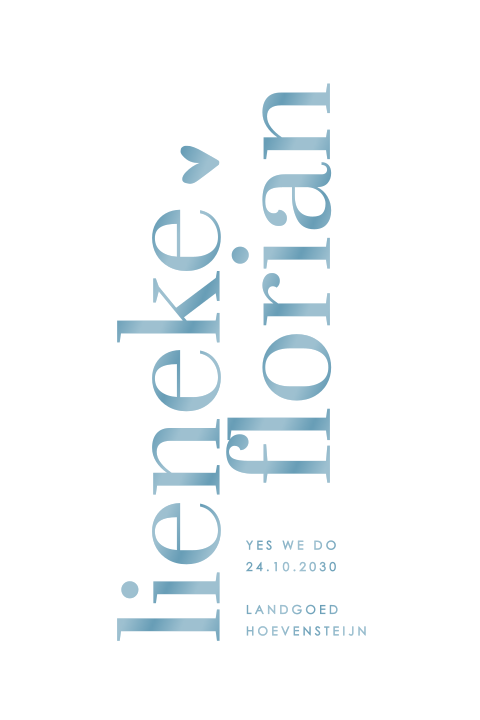 Typografische trouwkaart hartje met blauwe hoogglans