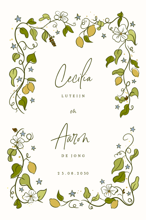Trouwkaart met getekend kader van citroenen, bloemetjes en sterren