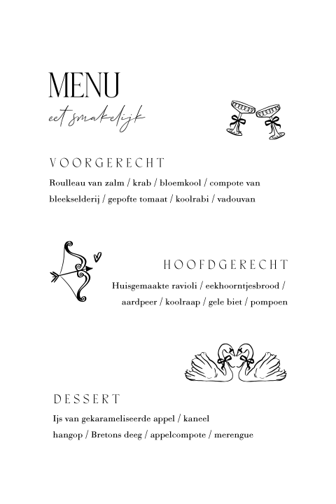 Menukaart voor bruiloft met zwart wit illustraties