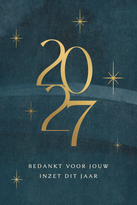 Donkerblauwe zakelijke nieuwjaarskaart met jaartal, sterren en matgoudfolie