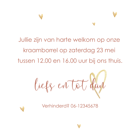 Lief kraamborrelkaartje met gouden hartjes en roestbruin