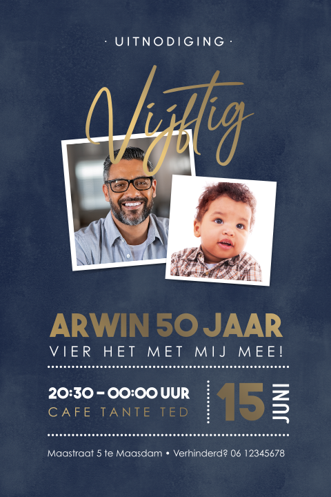Uitnodiging 50 jaar in blauw met velvet look foto's