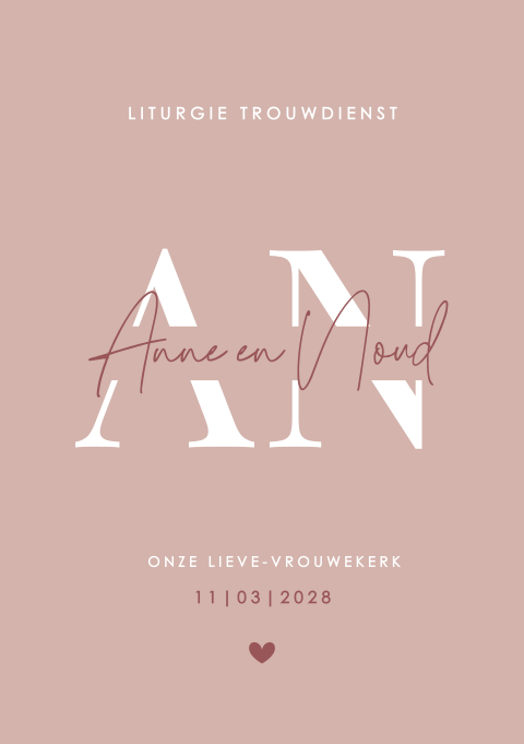 Voorbeeld liturgieboekje oudroze met witte initialen