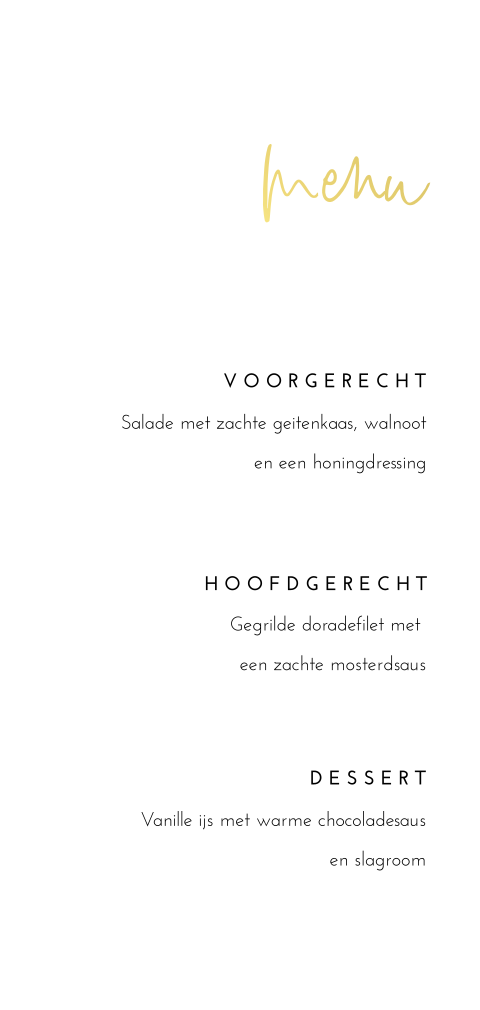 Menukaart minimal calligraphy met goudfolie