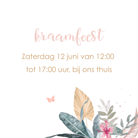 Kraamborrelkaartje met bladeren en vlinder