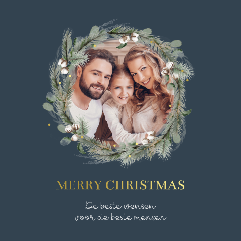 Goudfolie kerstkaart met kerstkrans en foto