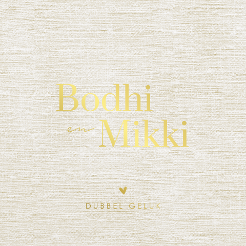 Linnen-look geboortekaartje tweeling met goudfolie tekst